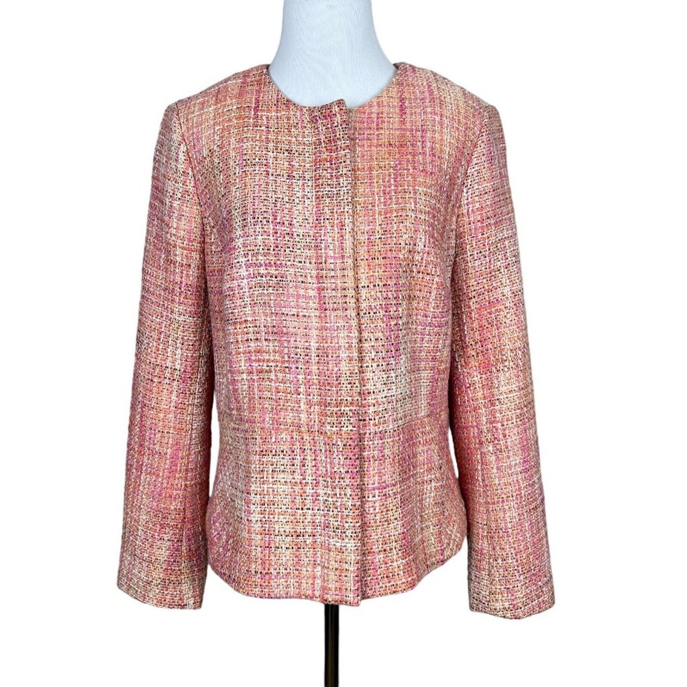 Talbots Tweed Blazer Jacket Women 10 Pink Orange Full Zip Career Office Workwear